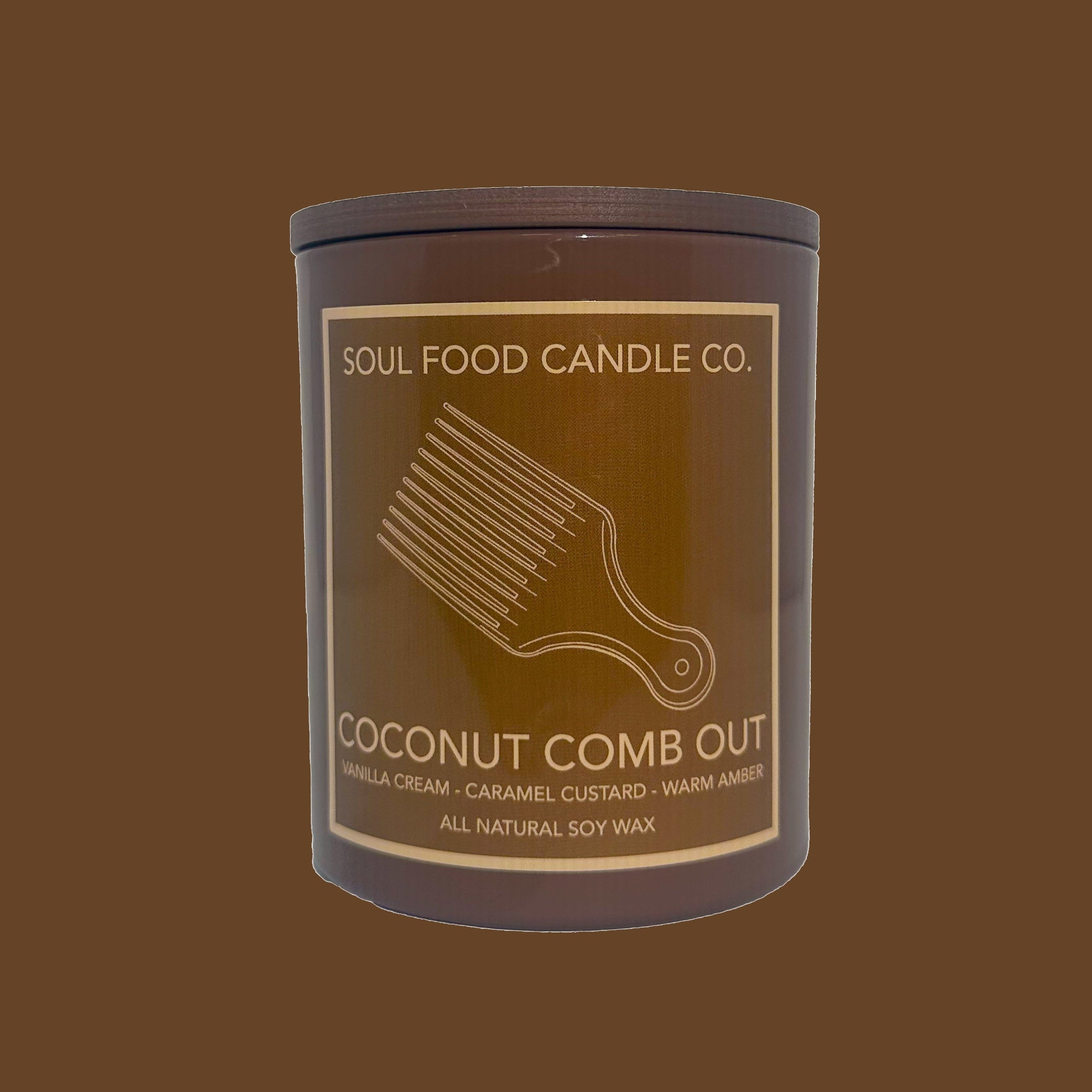 Soul Food Candle Co. coconut comb out candle on a brown background